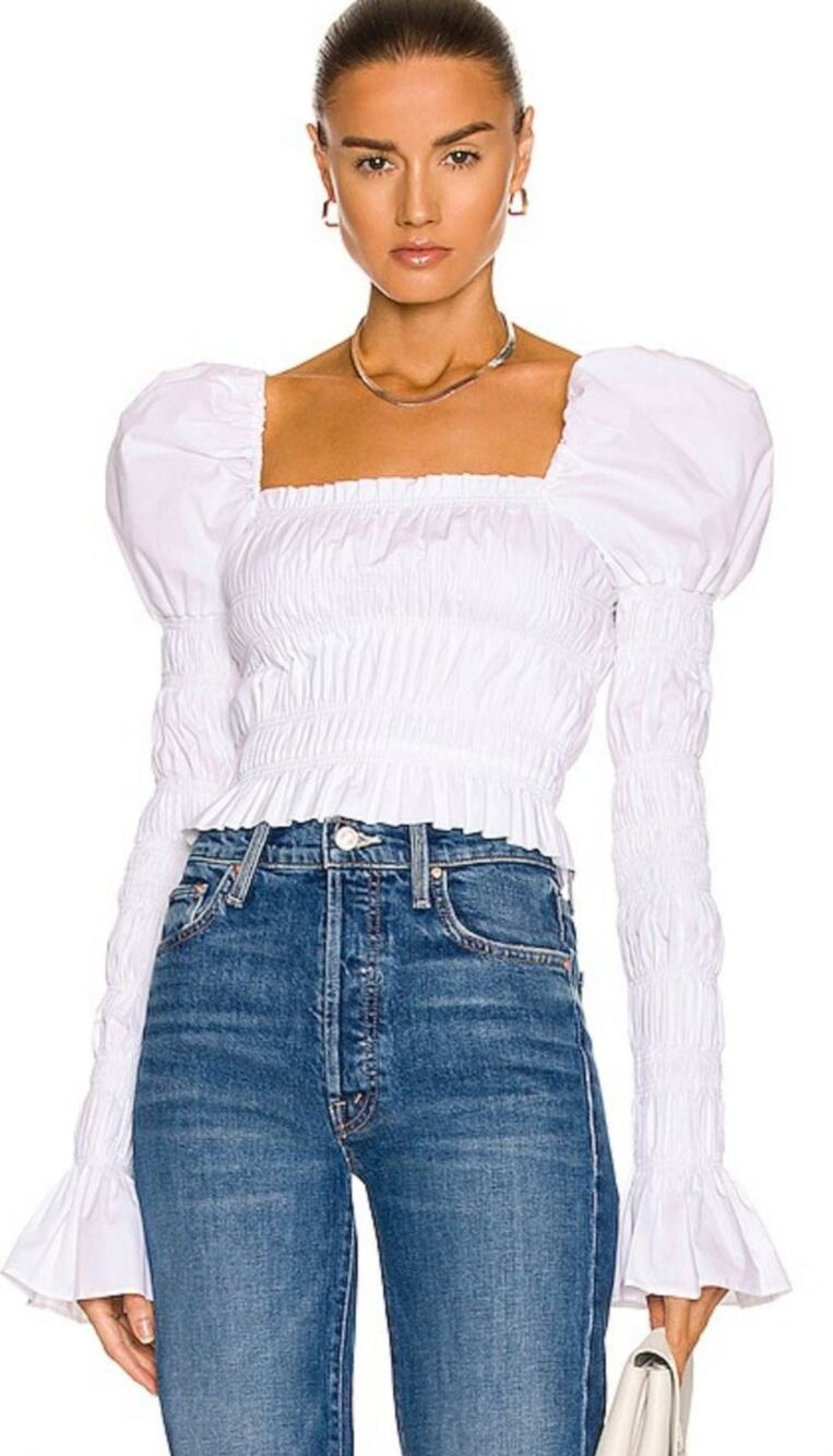 Caroline Constas Delilah Top White Size Large Long Sleeve Puff Shoulders Smocked